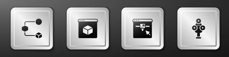 Set Isometric cube, 3D printer, setting and scanner icon. Silver square button Stock Illustration