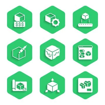 Set Isometric cube, 3D printer, Graphing paper for engineering, 3d pen tool, and Stock Illustration