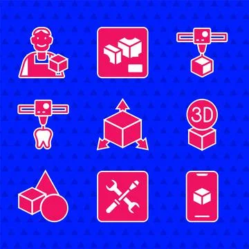 Set Isometric cube, 3D printer setting, software, Basic geometric shapes, tooth Illustrazione stock