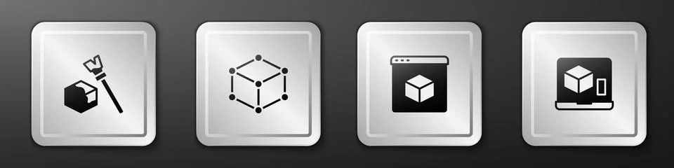 Set Isometric cube, , 3D printer and icon. Silver square button. Vector Stock Illustration