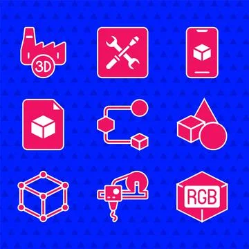 Set Isometric cube, 3D printer, RGB and CMYK color mixing, Basic geometric Stock Illustration