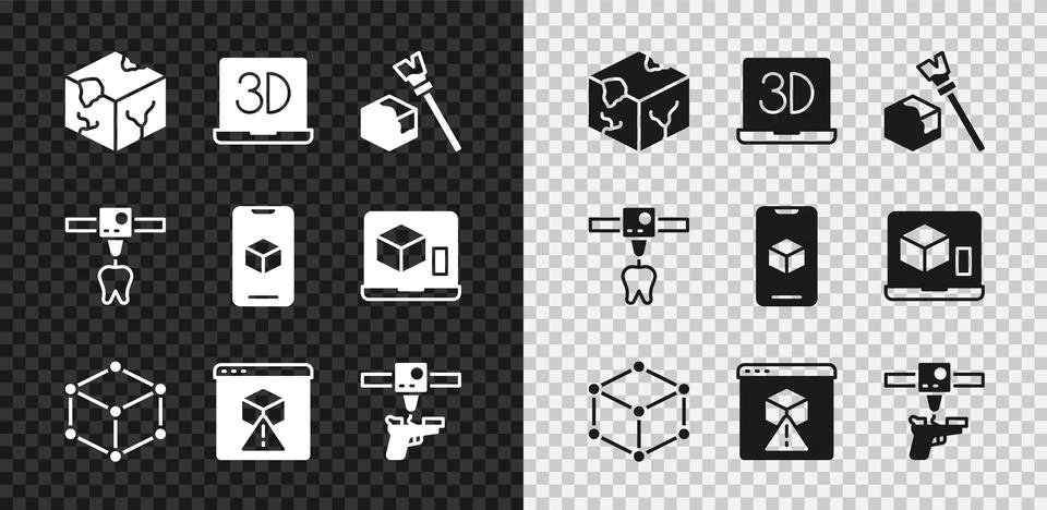 Set Isometric cube, 3D printer, gun, tooth and software icon. Vector Ilustração Stock