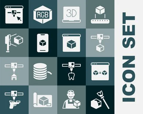 Set Isometric cube, 3D printer perfect copy, software, scanner with, setting and Ilustração Stock