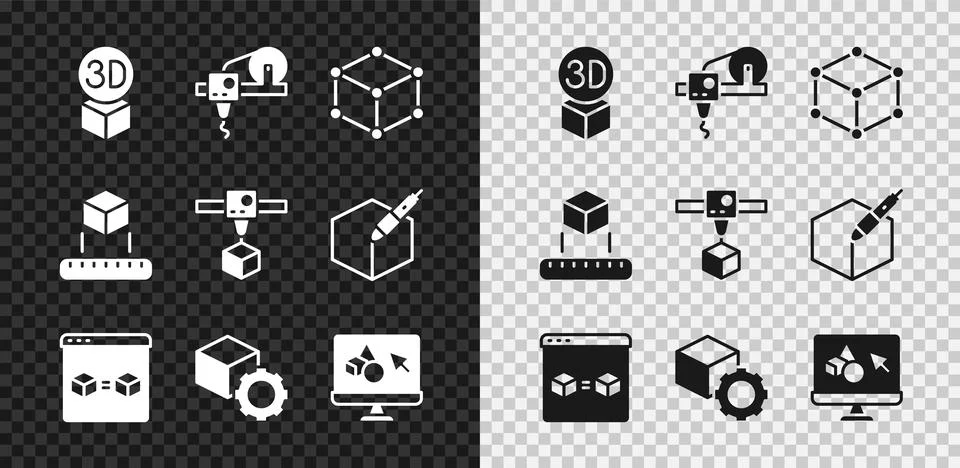 Set Isometric cube, 3D printer, perfect copy, software, and icon. Vector Ilustração Stock