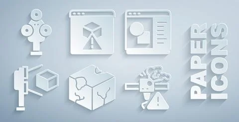 Set Isometric cube, 3D printer software, scanner with, warning, and icon. Vector Ilustração Stock