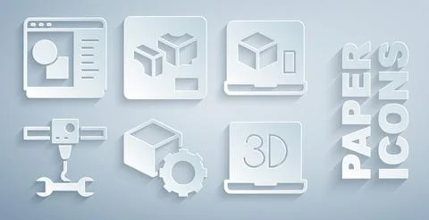 Set Isometric cube, 3D printer, wrench spanner, and software icon. Vector Ilustração Stock