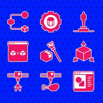 Set Isometric cube, 3D printer chicken leg, software, house, perfect copy, model Ilustração Stock