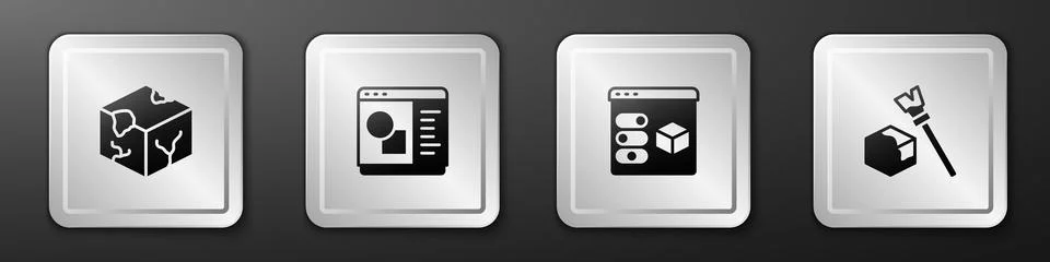 Set Isometric cube, 3D printer software, and icon. Silver square button. Vector Stock Illustration