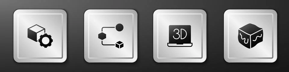 Set Isometric cube, , 3D printer and icon. Silver square button. Vector Stock Illustration