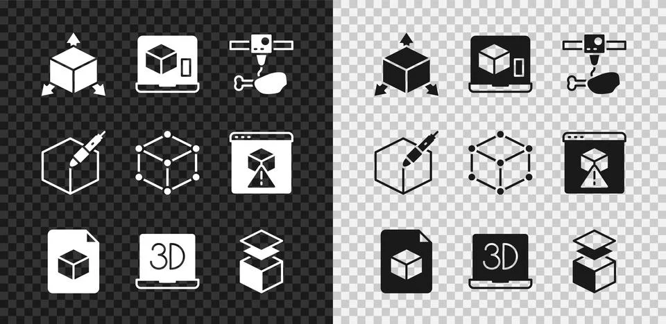 Set Isometric cube, 3D printer, chicken leg, file, Layers, 3d pen tool and icon Stock Illustration