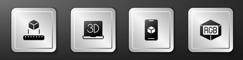 Set Isometric cube, 3D printer, software and RGB and CMYK color mixing icon Ilustração Stock