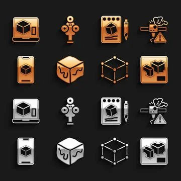 Set Isometric cube, 3D printer warning, software, Sketch on paper, and scanner Illustrazione stock