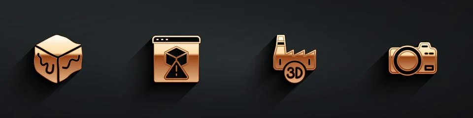 Set Isometric cube, 3D printer, Printing house industry and Photo camera icon Illustrazione stock