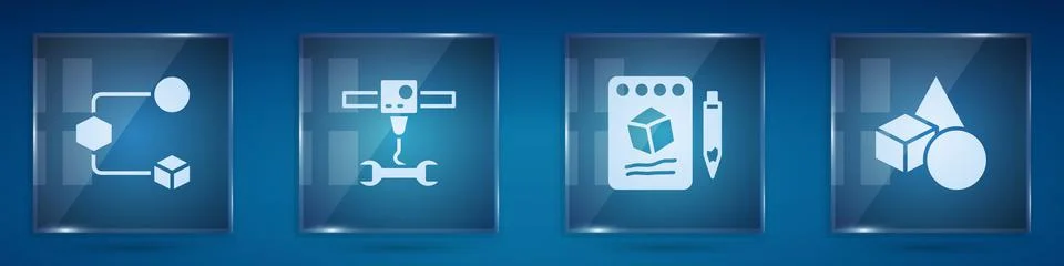 Set Isometric cube, 3D printer wrench spanner, Sketch on paper and Basic 스톡 일러스트