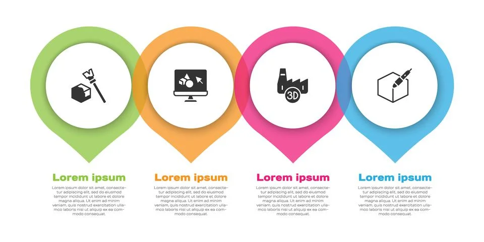 Set Isometric cube, 3D printer software, Printing house industry and 3d pen tool Ilustração Stock