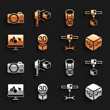 Set Isometric cube, 3D printer, wrench spanner, software, Photo camera and Ilustração Stock