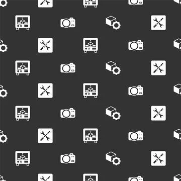 Set Isometric cube, 3D printer setting, and Photo camera on seamless pattern Illustrazione stock