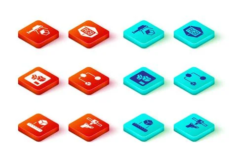 Set Isometric cube, 3D printer gun, RGB and CMYK color mixing and scanner with Stock Illustration