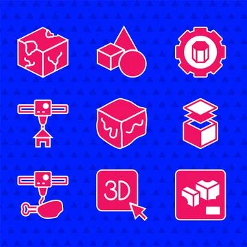 Set Isometric cube, 3D printer, Layers, chicken leg, house, setting and icon Stock Illustration