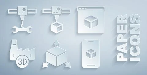 Set Isometric cube, 3D printer, Printing house industry, software,  and wrenc Ilustração Stock