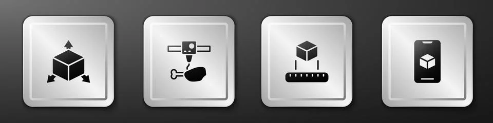 Set Isometric cube, 3D printer chicken leg,  and software icon. Silver square Ilustração Stock