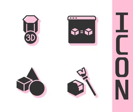 Set Isometric cube, 3D printer, Basic geometric shapes and perfect copy icon Illustrazione stock