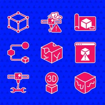 Set Isometric cube, 3D printer, wrench spanner, Graphing paper for engineering Stock Illustration