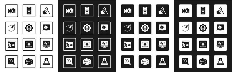 Set Isometric cube, 3D printer setting, 3d pen tool, Photo camera, software, and Ilustração Stock