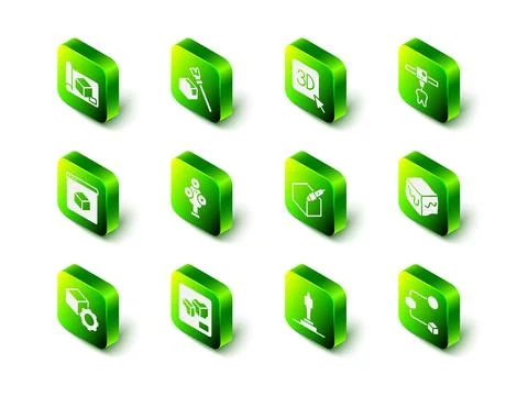 Set Isometric cube, 3D printer, tooth, 3d pen tool, model and icon. Vector Stock Illustration