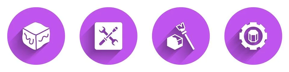 Set Isometric cube, 3D printer setting, and icon with long shadow. Vector Stock Illustration