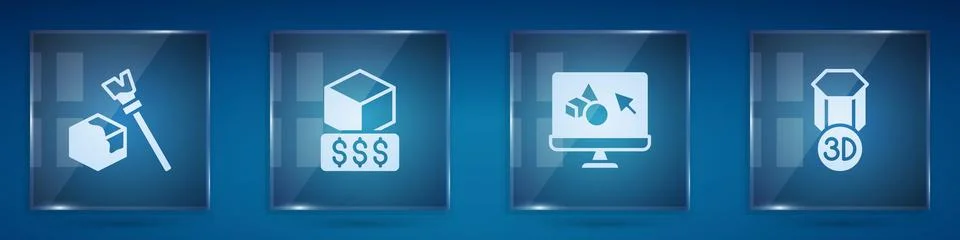 Set Isometric cube, 3D printer services, software and . Square glass panels.. Illustrazione stock