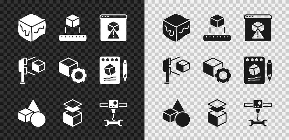 Set Isometric cube, 3D printer, Basic geometric shapes, Layers, wrench span.. Illustrazione stock