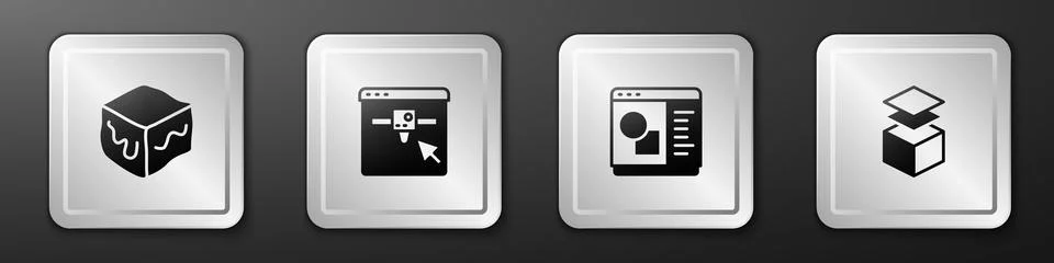 Set Isometric cube, 3D printer setting, software and Layers icon. Silver sq.. Ilustração Stock