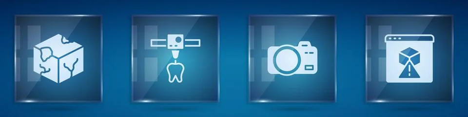 Set Isometric cube, 3D printer tooth, Photo camera and . Square glass panel.. Stock Illustration