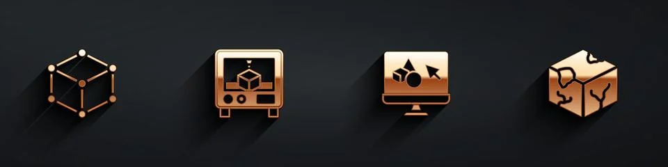 Set Isometric cube, 3D printer, software and  icon with long shadow. Vector Stock Illustration