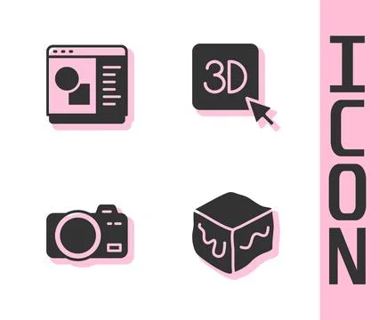Set Isometric cube, 3D printer software, Photo camera and  icon. Vector Stock Illustration