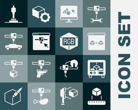 Set Isometric cube, 3D printer, perfect copy, software, setting, car, model.. Ilustração Stock