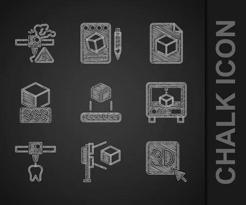 Set Isometric cube, 3D scanner with, printer, tooth, services, file and warning Stock Illustration