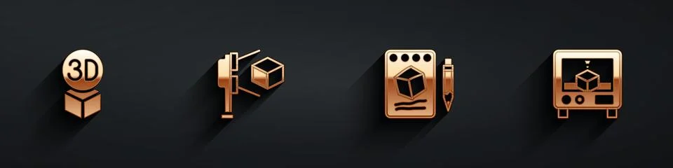 Set Isometric cube, 3D scanner with, Sketch on paper and printer icon with long Illustrazione stock