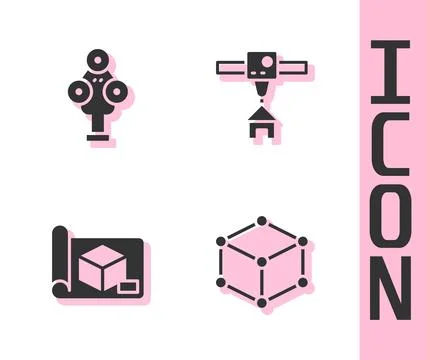 Set Isometric cube, 3D scanner, Graphing paper for engineering and printer .. Stock Illustration