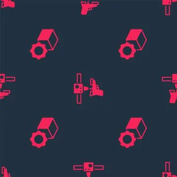 Set Isometric cube and 3D printer gun on seamless pattern. Vector Stock Illustration