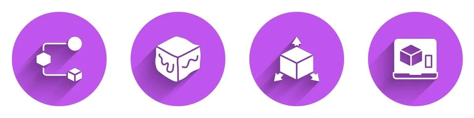 Set Isometric cube, , and 3D printer icon with long shadow. Vector 库存插图
