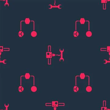 Set Isometric cube and 3D printer wrench spanner on seamless pattern. Vector Stock Illustration