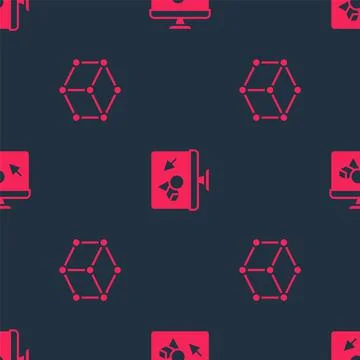 Set Isometric cube and 3D printer software on seamless pattern. Vector Stock Illustration