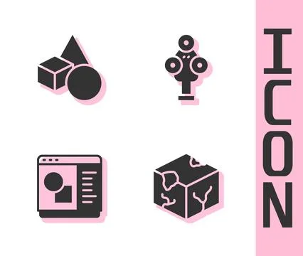 Set Isometric cube, Basic geometric shapes, 3D printer software and scanner.. Ilustração Stock