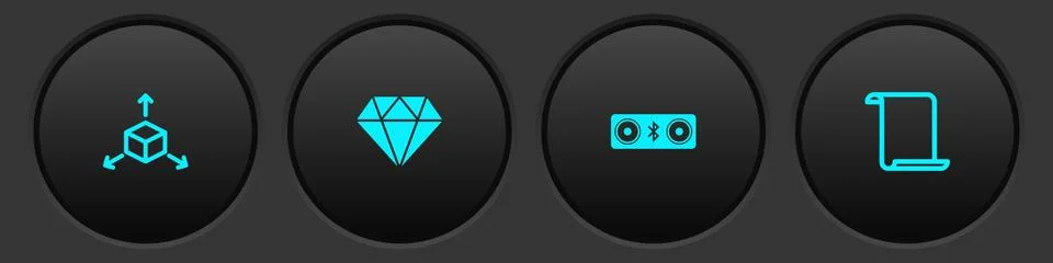 Set Isometric cube, Diamond, Bluetooth speakers and Paper scroll icon. Vector Stock Illustration