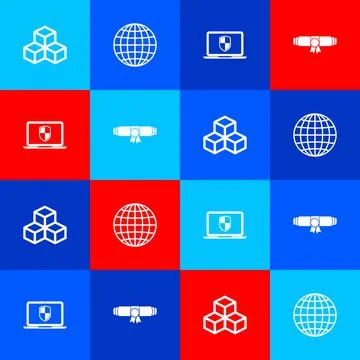 Set Isometric cube, Earth globe, Laptop with shield and Diploma rolled scroll Stock Illustration