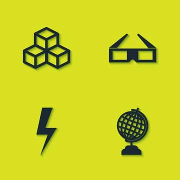 Set Isometric cube, Earth globe, Lightning bolt and 3D cinema glasses icon Illustrazione stock