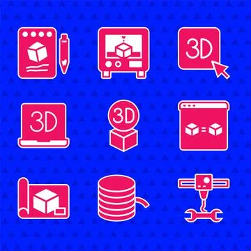 Set Isometric cube, Filament for 3D printer, wrench spanner, perfect copy Illustrazione stock