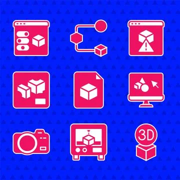 Set Isometric cube file, 3D printer, software, Photo camera, and icon. Vector Stock Illustration